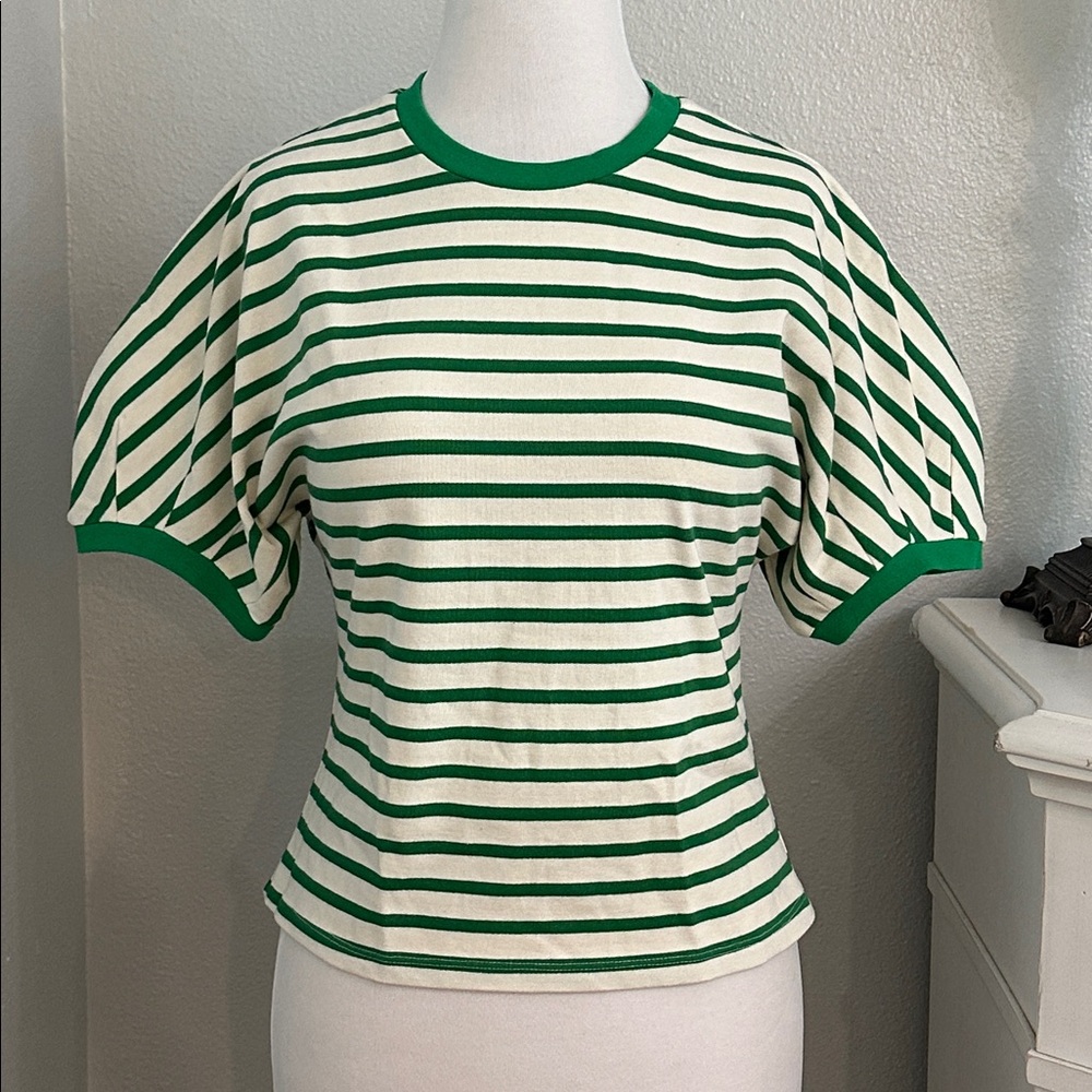 And You Puff Sleeve Striped Crew Neck Cotton Top Green White Size Small